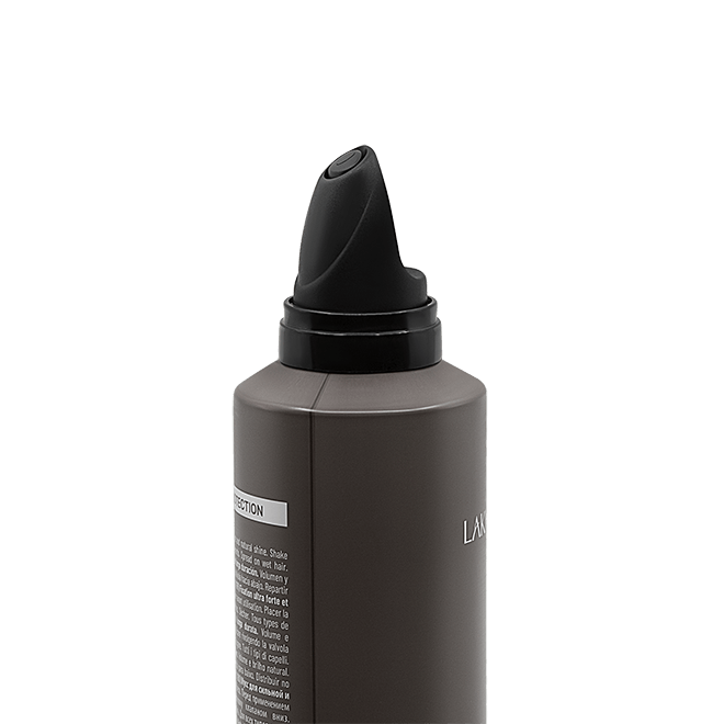Black hair product bottle with nozzle on a white background