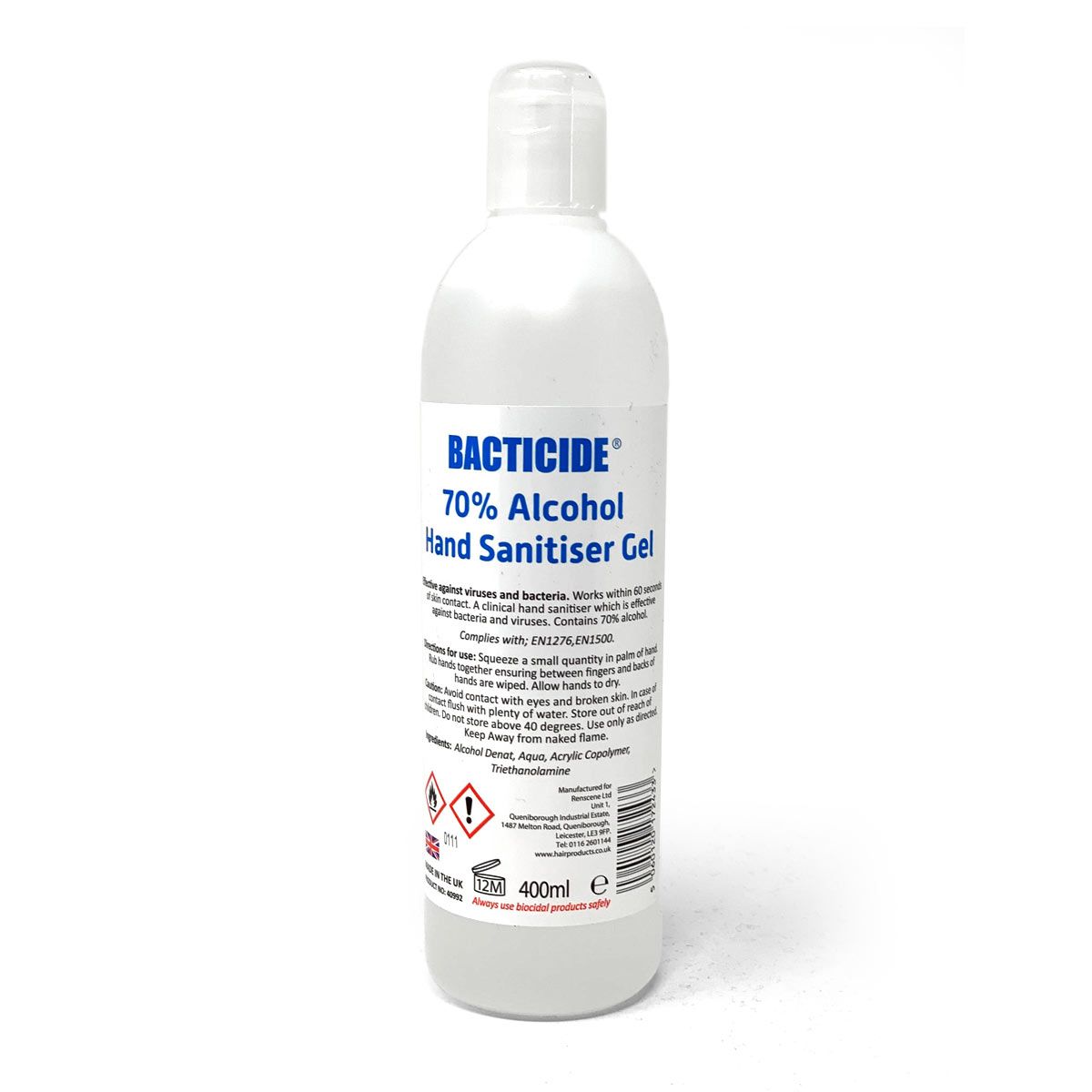 Bacticide 70% Alcohol Hand Sanitiser Gel bottle on a white background