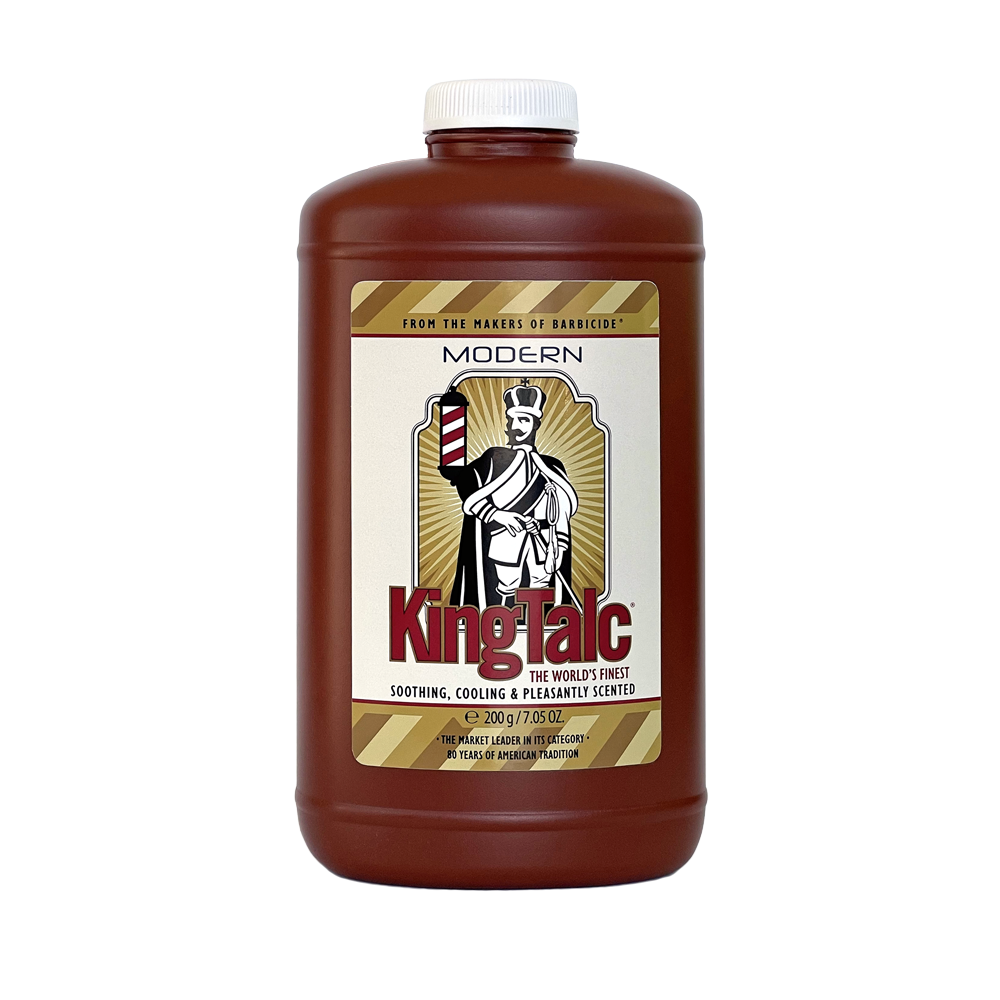 Bottle of Modern King Talc with a label featuring a historical figure on a white background