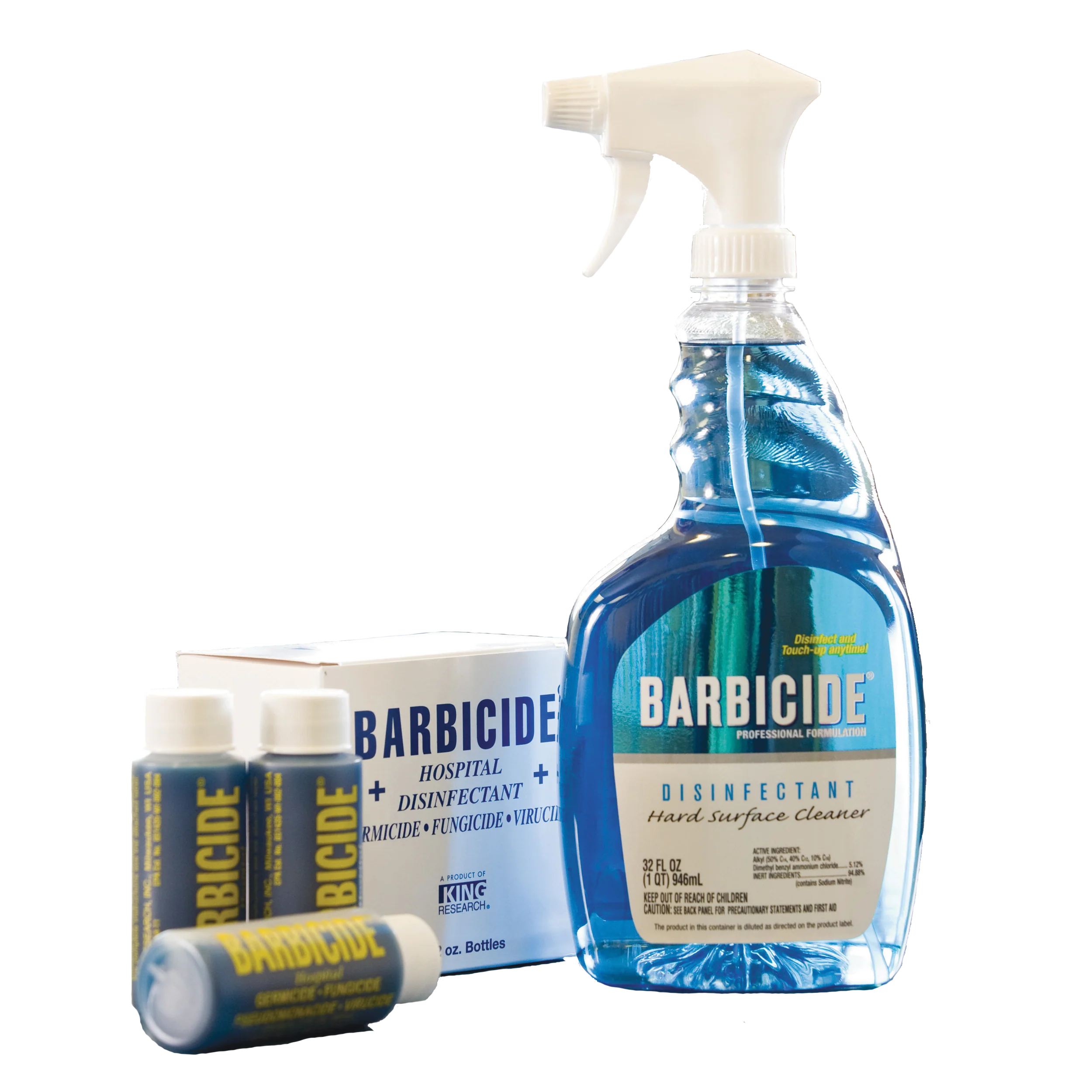 Barbicide disinfectant spray bottle and packaging on a white background