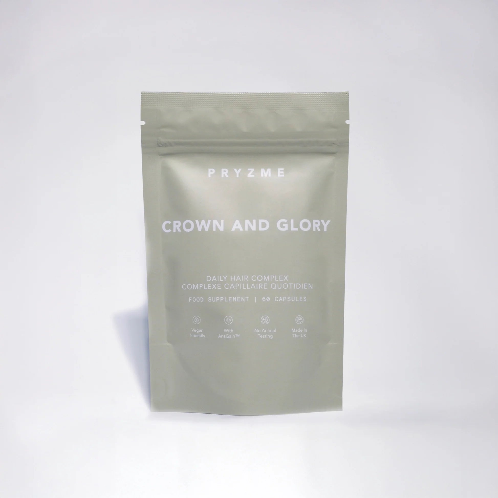 Pryzme Crown and Glory supplement package on a white background
