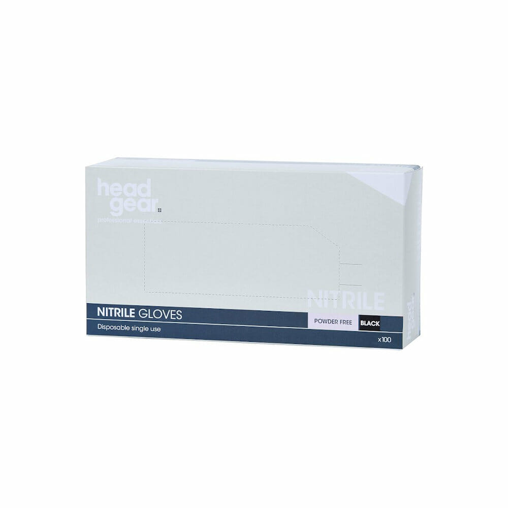 Box of nitrile gloves with 'head gear' branding on a white background