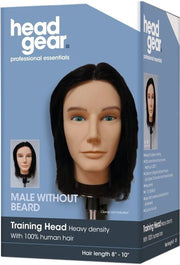 Head Gear male training head with black hair on a blue box