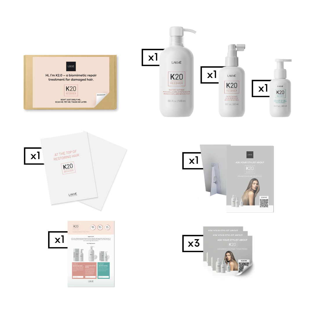 K20 hair care product set including bottles and packets on a white background