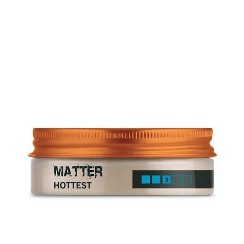 Jar of hair product labeled 'MATTER HOTTEST' with a gold lid on a white background