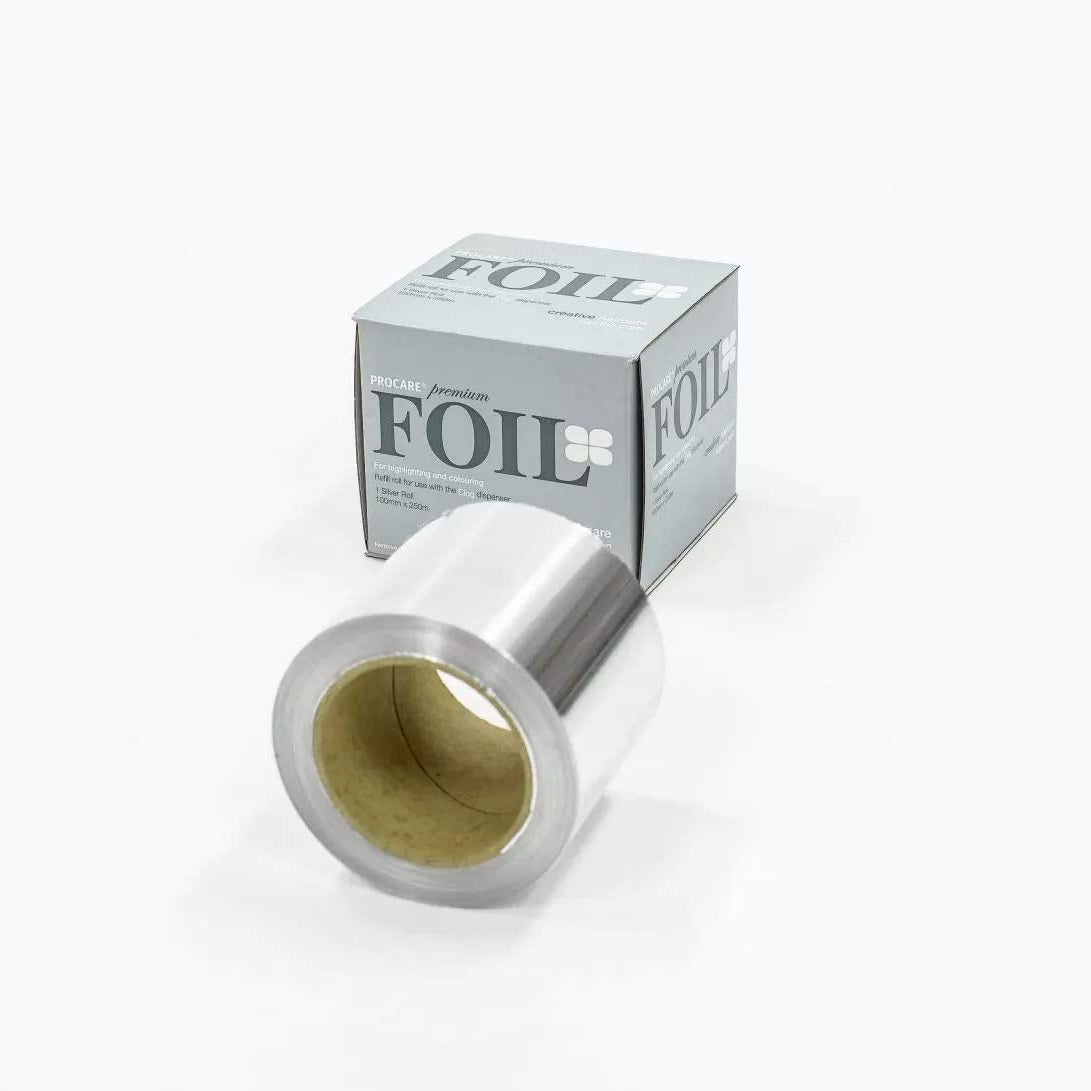 Roll of silver foil with a box labeled 'Foil' on a white background