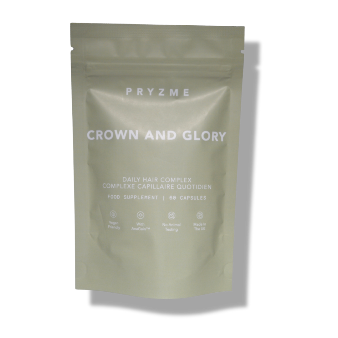 Pryzme Crown and Glory daily hair complex packaging on a white background