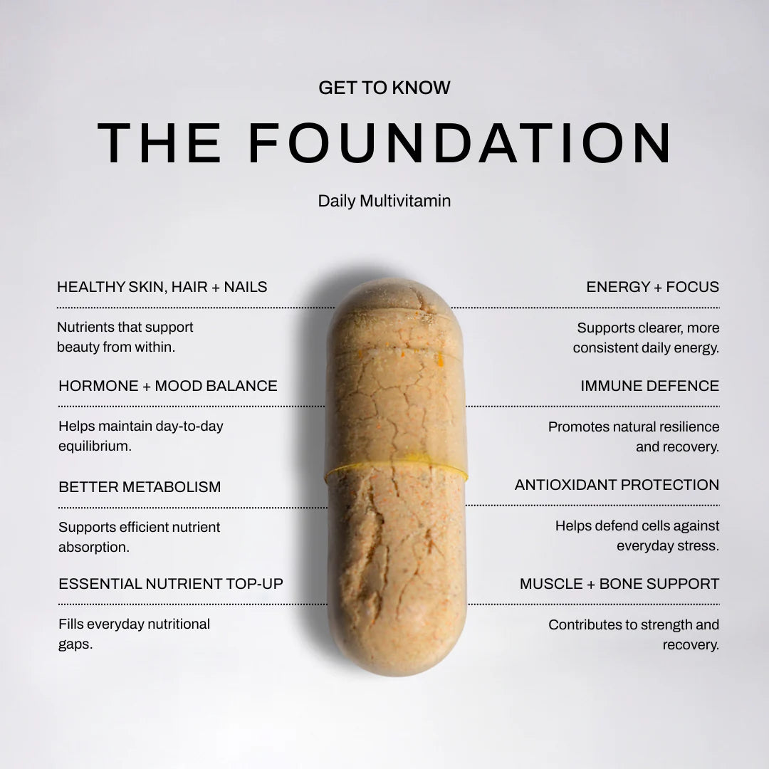 Daily multivitamin capsule with benefits listed on a light gray background