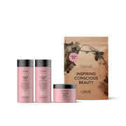 Lakme Teknia hair care products including shampoo, conditioner, and mask with packaging on a white background.