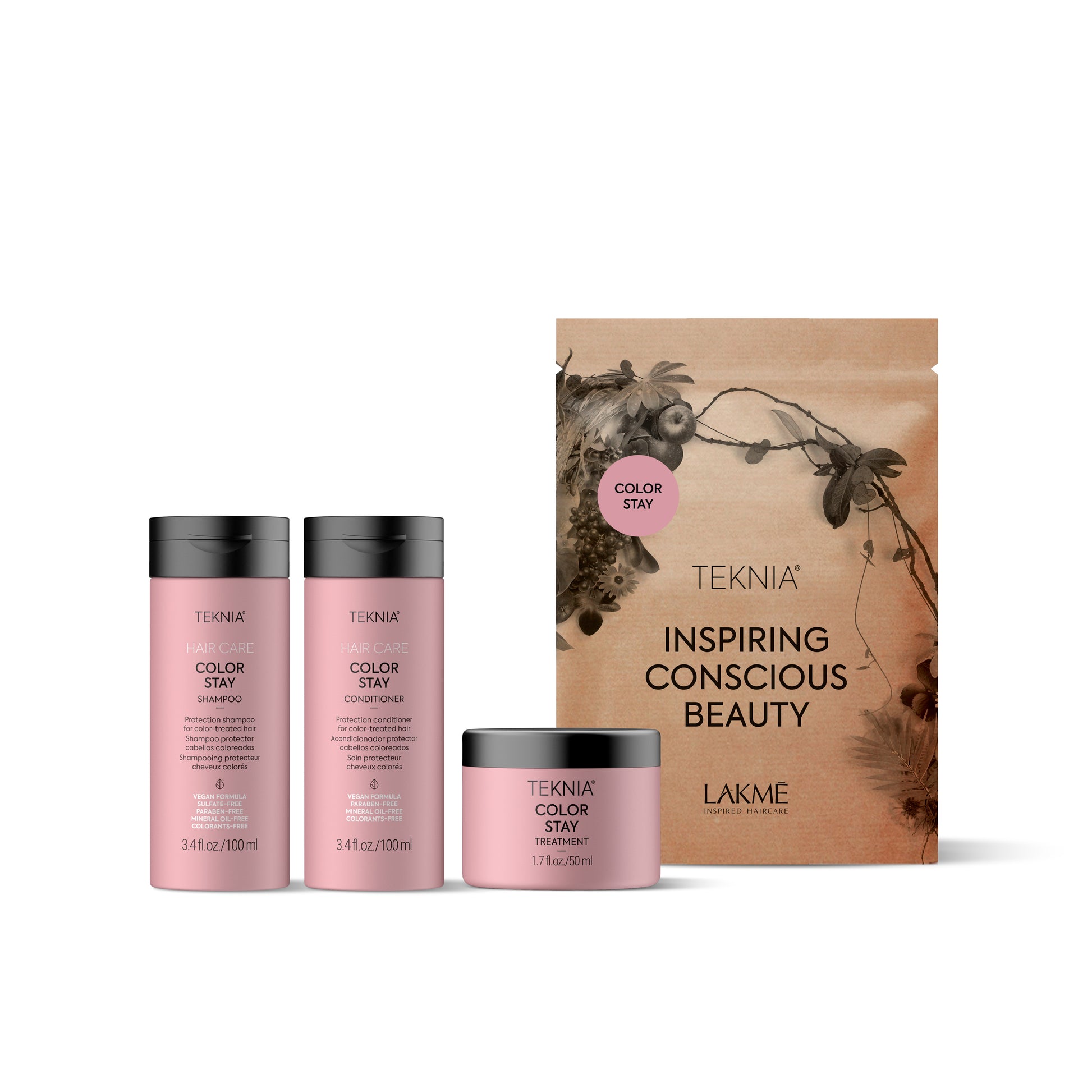 Lakme Teknia hair care products including shampoo, conditioner, and mask with packaging on a white background.