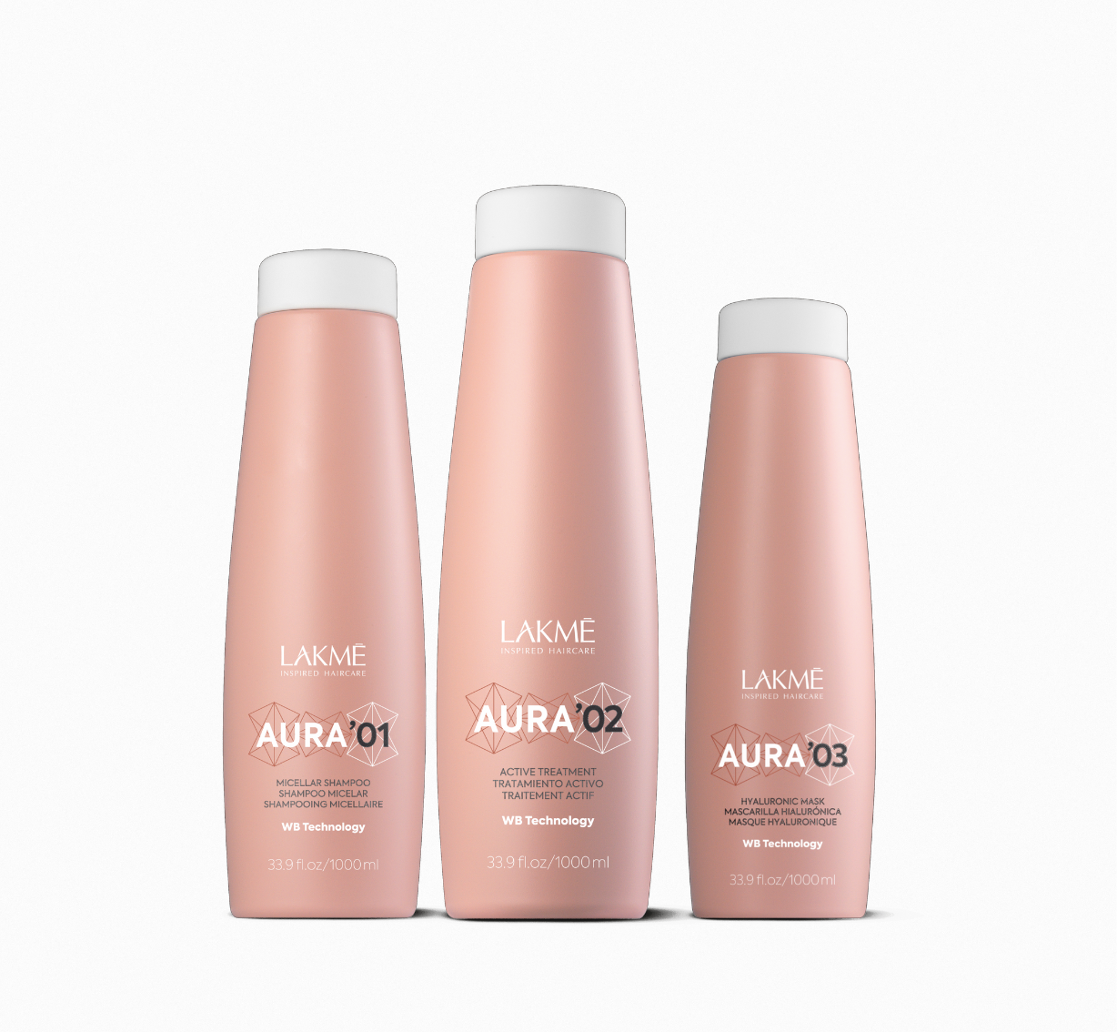 Three Lakme Aura hair care products on a white background